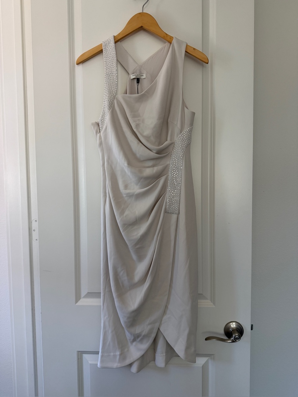 Halston Cream Draped Evening Dress with Embellished Straps